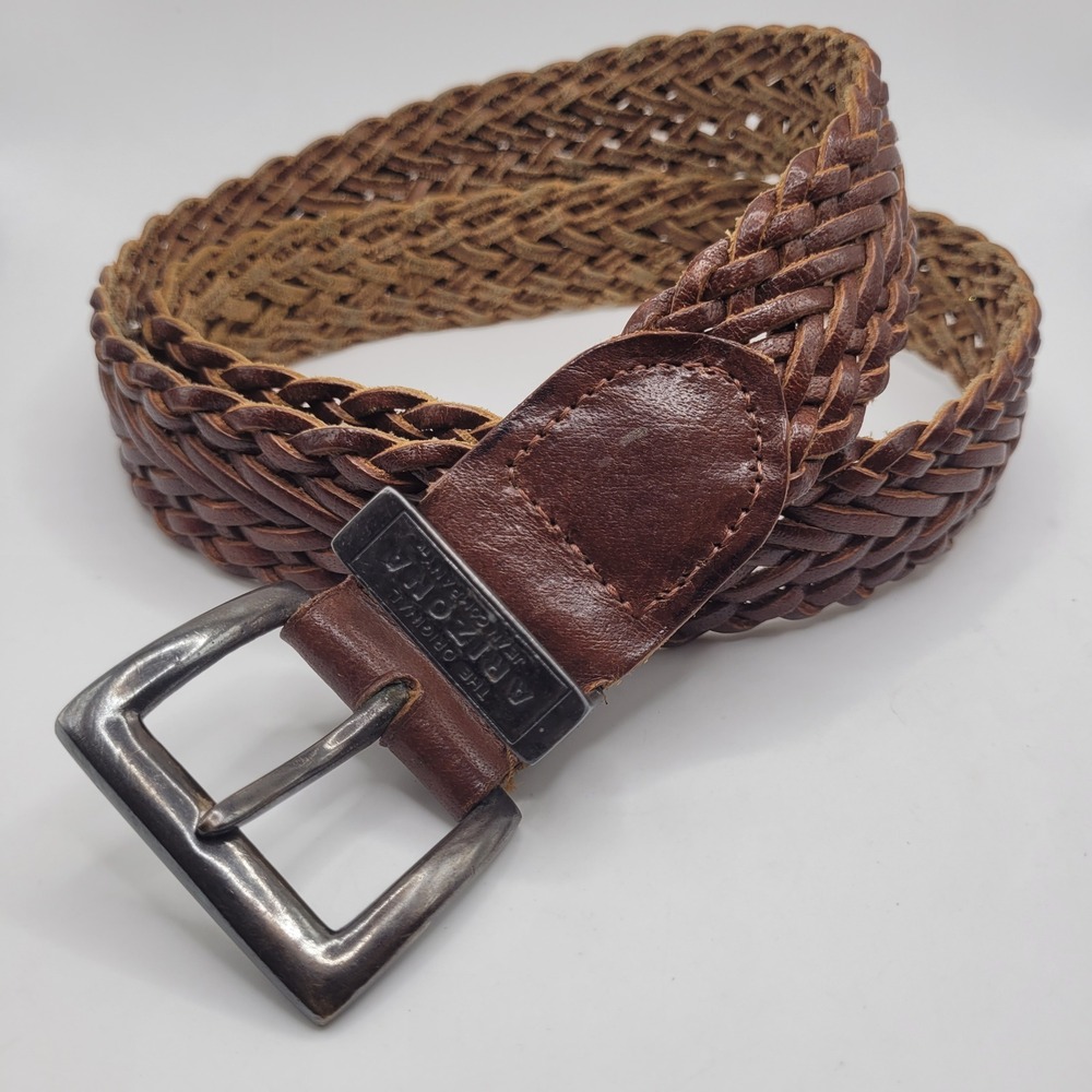 Vintage Arizona Jeans Co Belt Large Brown Leather Braided Woven Rustic Boho 90s